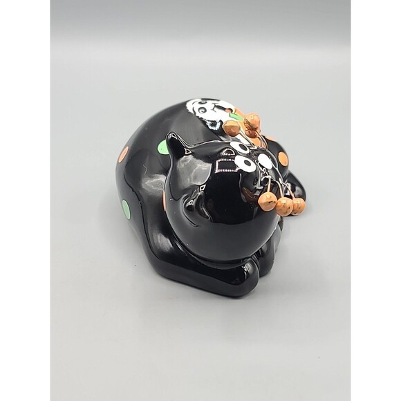 Whimsical Ceramic Cat Figurine Black with Polka Dots Halloween Pumpkin Figurine - Picture 5 of 10